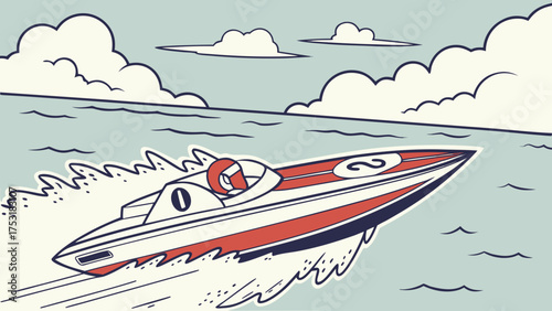 Illustration of a red and white racing boat speeding across the water under a cloudy sky in cartoon style
