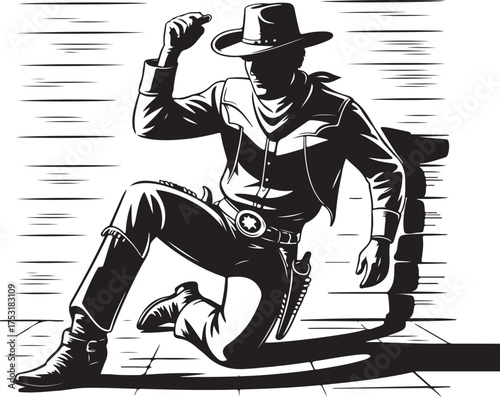 Silhouette of a cowboy in action, drawing a gun from his holster, western style