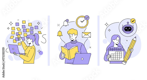 Vector art of people working on projects with sticky notes, books, and ai bot