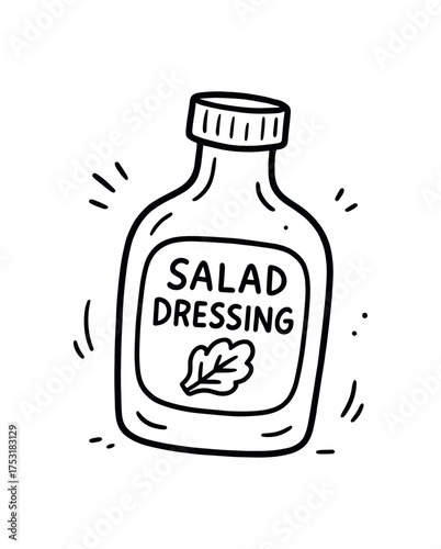 doodle illustration of salad dressing bottle clean black and white line art with slightly hand drawn strokes gentle motion lines and light playful details simple and lively style on white