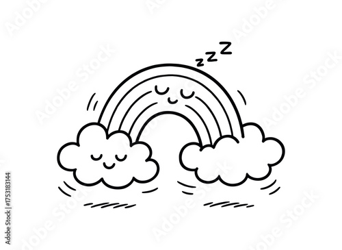 doodle illustration of rainbow taking nap between clouds clean black and white line art with slightly hand drawn strokes gentle motion lines and peaceful surreal humor simple and lively