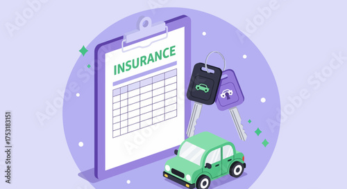 Vector art of car insurance policy document with car keys and toy car