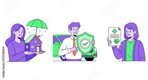 Vector art of people holding insurance policy, house, and car