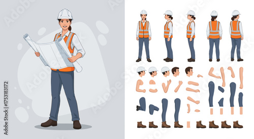 Vector art of female construction worker with blueprints and character parts