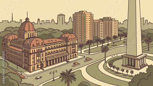 Illustration of a city with a large building, an obelisk, and skyscrapers in the background with cars