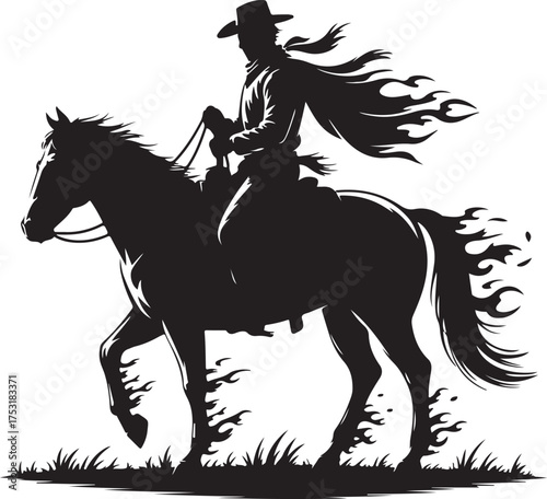 Cowboy riding a horse with fiery mane and tail vector