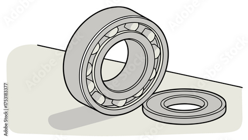 A detailed illustration of a ball bearing with a separate ring on a light gray surface area