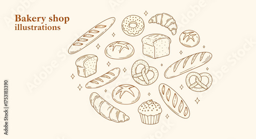 Vector art of bakery shop illustrations with various baked goods in a circle