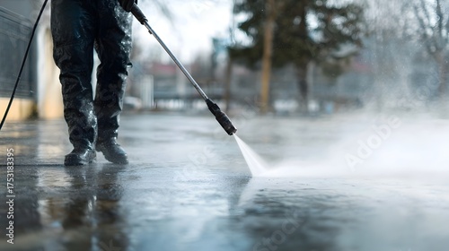 A person power washing a wet outdoor surface creating a refreshing mist