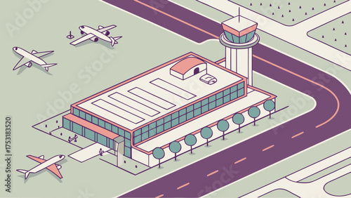 Isometric illustration of an airport with airplanes, control tower, terminal, and road with trees nearby