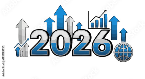 The year 2026 visualized with upward arrows, growing chart, and globe, representing progress, growth, and global expansion