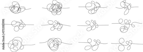Doodle clew. Chaos lines, hand drawing tangled clew, insane mess scribble, confused brain thinking doodle, clutter complicated concept. Squiggles and scrawl vector set