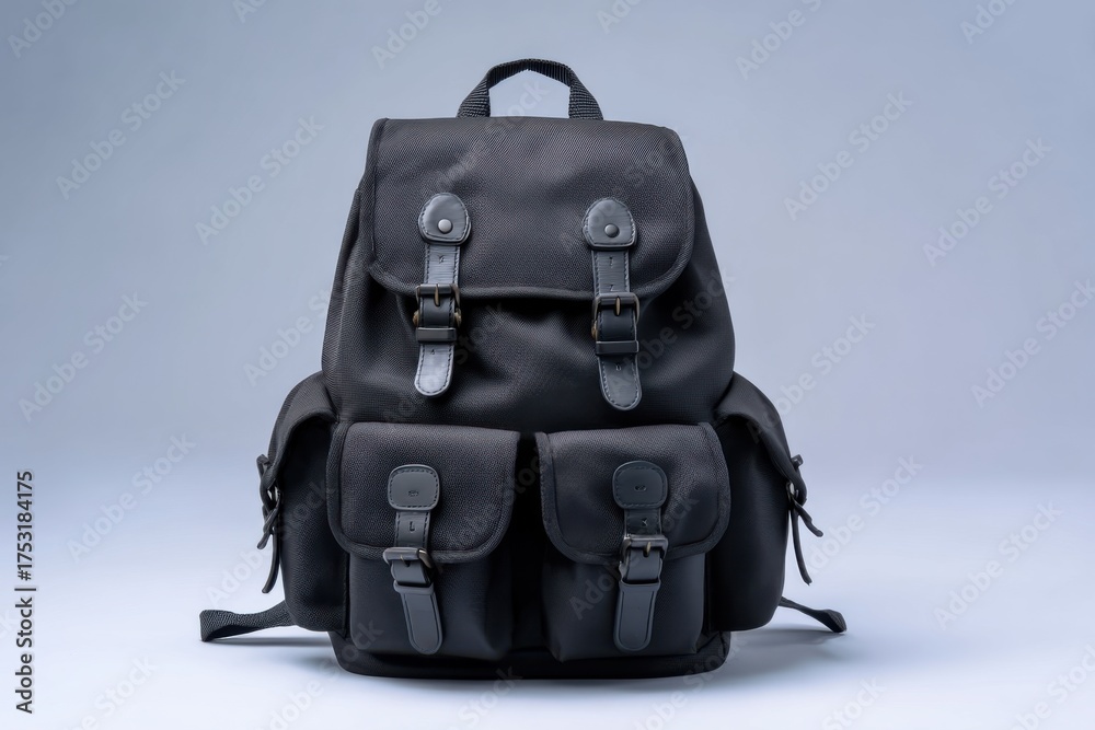 Naklejka premium Black leather backpack with buckles straps