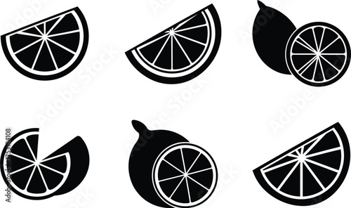 Citrus Lemon and Orange Slice Silhouette Vector Icons Set