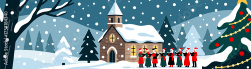 Christmas carolers at snowy church with Christmas tree