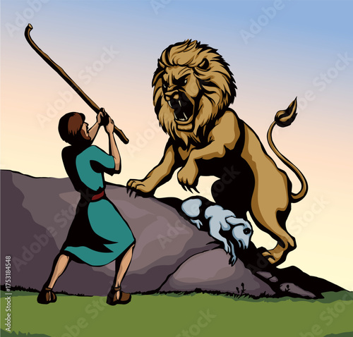 Vector drawing. An angry lion steal sheep