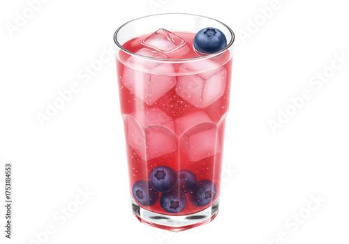 Isolated fruity summer drink in glass with ice cubes and blueberry garnish refreshment