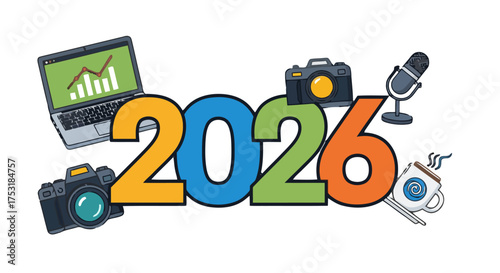 The year 2026 represented with various icons like cameras, laptop, microphone, and coffee cup