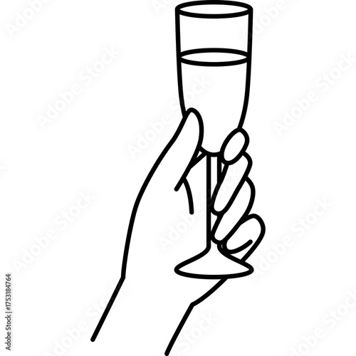 Close up of a hand holding a champagne flute filled with bubbly drink isolated on white background line art style