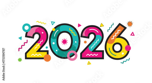 Vibrant and colorful abstract the year 2026 with playful geometric shapes and confetti