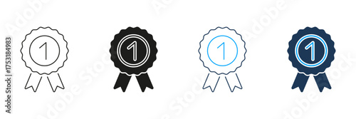 Number One Award Ribbon Line And Solid Icon Set. Achievement, Excellence, And First Place Recognition Symbol Collection. Celebratory And Motivational Design. Isolated Vector Illustration