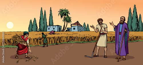 Vector drawing. Ruth and Boaz in the field