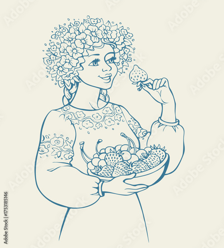 Vector drawing. Cute girl holds fruits