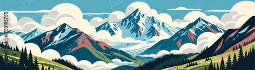 Colorful mountain landscape illustration with textured sky