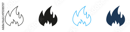 Fire Flame Line And Solid Icon Set. Heat, Energy, And Burning Symbol Collection. Safety, Warning, And Energy Concepts. Isolated Vector Illustration