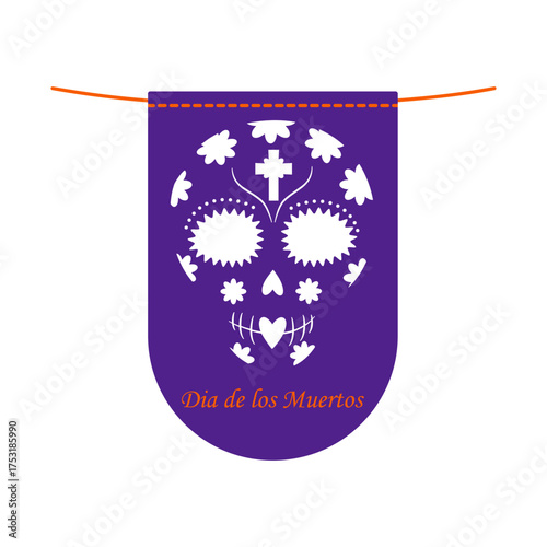 Day of the Dead Pennant with Sugar Skull Cut Out Effect and Dia De los Muertos Text Festive Design