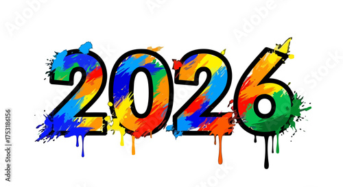 Vibrant and colorful graffiti style numbers 2026 dripping paint, representing the new year and future celebration with artistic flair and dynamic energy