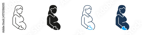 Pregnant Woman Line And Solid Icon Set. Maternity, Motherhood, And Prenatal Care Symbol Collection. Expecting Mother And Pregnancy Health. Isolated Vector Illustration