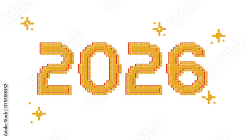 2026 gold yellow numbers with sparkling stars in pixel 8 bit game style. Trendy modern retro vector illustration isolated on transparent background