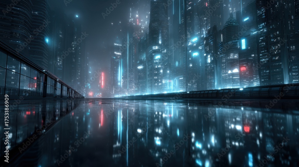 Obraz premium Futuristic sci-fi proposal on a glass skybridge over neon cityscape urban environment nighttime viewpoint innovative concept