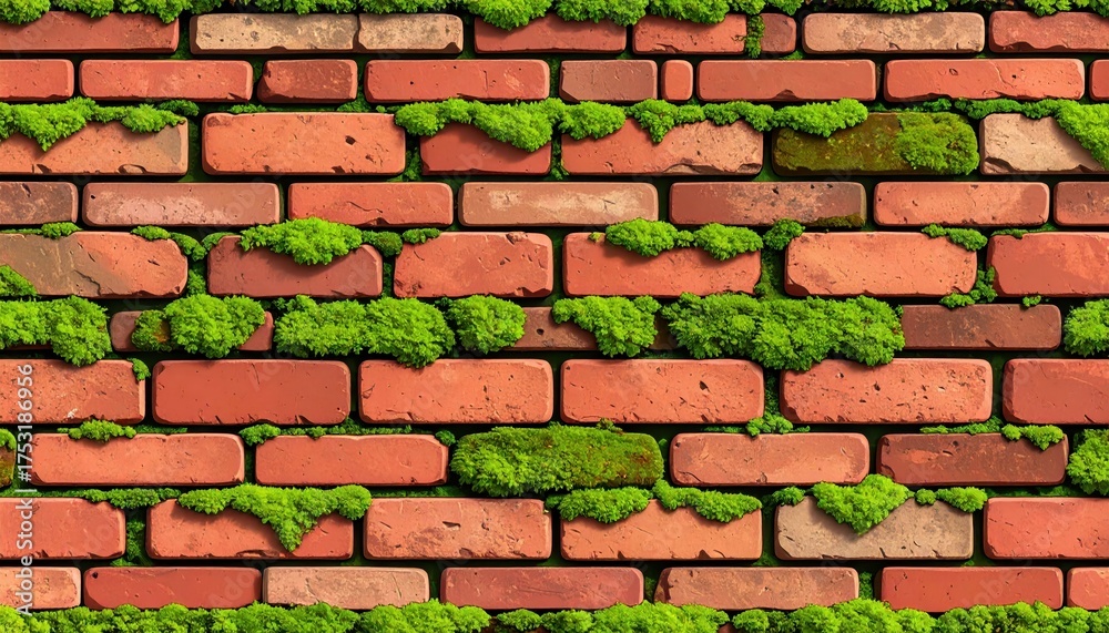 Obraz premium Weathered brick wall texture lush moss growth detail capturing rustic charm of old wall with organic moss