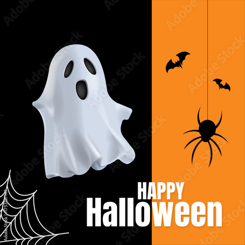 Happy Halloween banner with ghost and spider on white web
