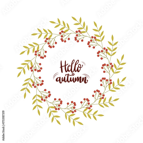 An autumn wreath made of rowan branches. Postcard with rowan wreath and inscription Autumn poster with vegetables and leaves Vector illustration