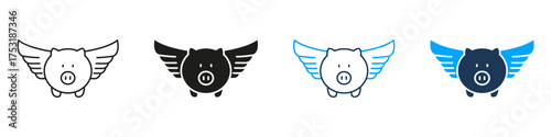 Flying Piggy Bank Line And Solid Icon Set. Financial Freedom, Savings Growth, And Investment Potential Symbol Collection. Creative Wealth Management Concept. Isolated Vector Illustration