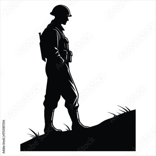 Patriotic black and white vector silhouette of a soldier saluting in front of the distressed American flag. Perfect for Memorial Day, Veterans Day, Independence Day, and military tribute designs. Idea