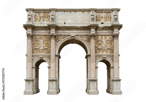 Isolated Arch of Constantine, a historical monument in Rome, Italy, against a blank background