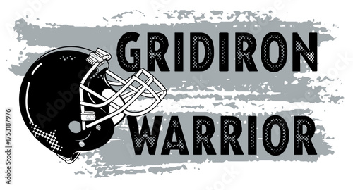 Bold “GRIDIRON WARRIOR” text with helmet silver and black and dynamic brushstroke background. Ideal for sports apparel, team branding, football graphics, fan merchandise, and promotional design.