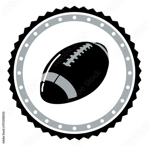 Round sport frame in  silver and black tones, featuring dynamic star accents and a classic football motif. Vector graphic ideal for athletic-themed designs, vintage posters, or team branding.