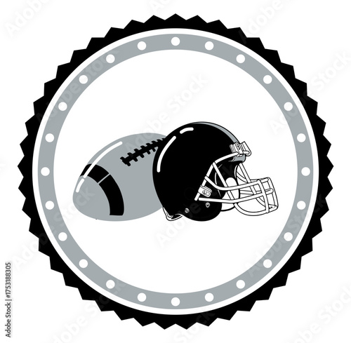 Round sport frame in  silver and black tones, featuring dynamic star accents and  football and helmet motif. Vector graphic ideal for athletic-themed designs, vintage posters, or team branding.