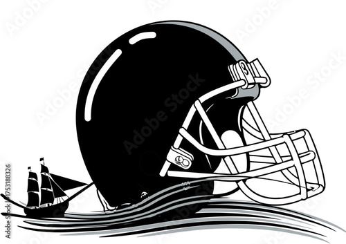 Dynamic  silver and black  football helmet vector, bold sport design blending hockey and street art graffiti lettering, multicolor typography art illustration, modern and vibrant.