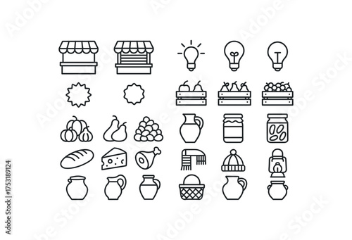 of vector outline icons. outline stroke user interface icons style on clean white background Autumn (market) stall open stall closed lamp on lamp off sale active sale inactive crate pear