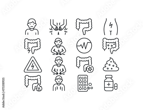 vector icon line colon cramps and colitis 16 items isolated on white background