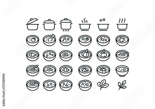 of vector outline icons. outline stroke user interface icons style on clean white background Dishes (soups) lid open lid closed burner on burner off simmer active simmer inactive tomato