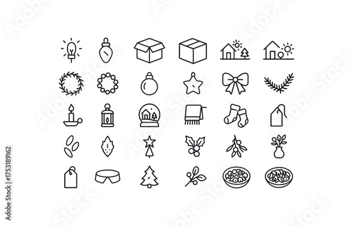 of vector outline icons. outline stroke user interface icons style on clean white background Winter (festive decor) light on light off box open box closed scene active scene inactive pine