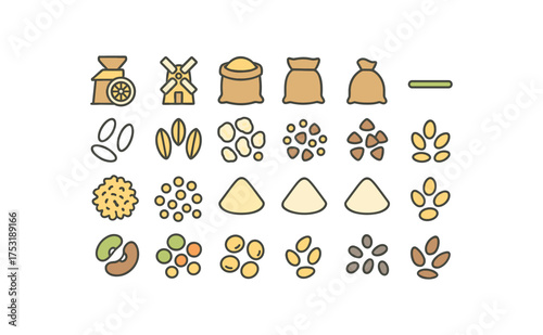 of vector colored flat icons. outline stroke user interface simple colored icons style Food (cuts and grains) mill on mill off sack open sack closed line active line inactive rice grains