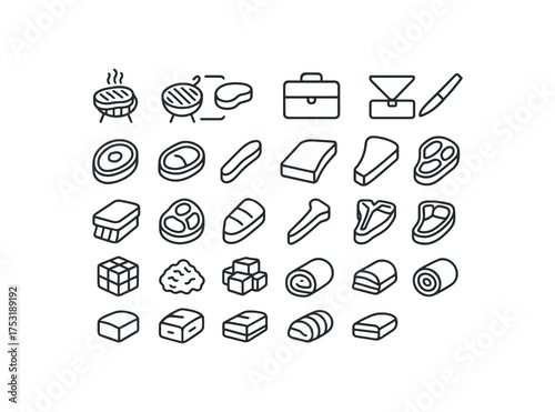 of vector outline icons. outline stroke user interface icons style on clean white background Meat (beef) grill on grill off case open case closed cut active cut inactive ribeye cut sirloin